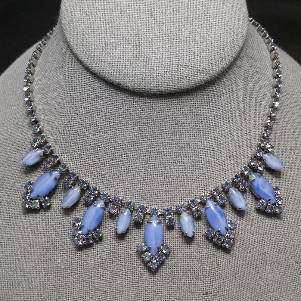 Blue Art Glass Rhinestone Necklace, Rhodium Plated, 1960s Vintage Jewelry